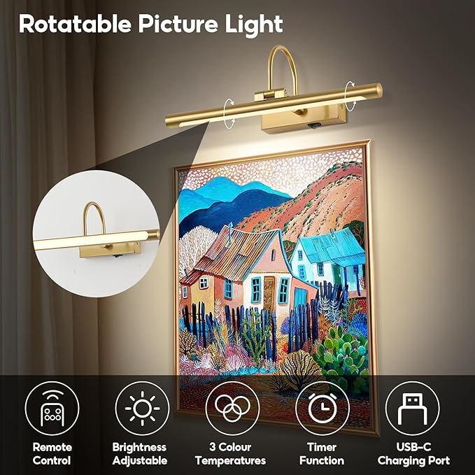 16" Picture Lights for Wall Battery Operated with Remote and Timer, Wireless Art Lights for Paintings, Rechargeable Wall Sconce, Dimmable Lighting for Canvas, Gallery Artwork, Portraits, Gold