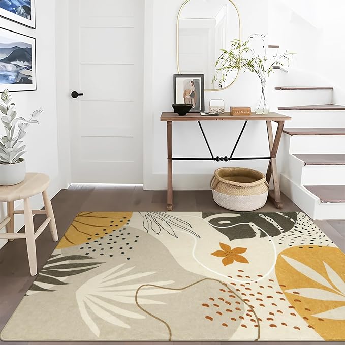 Lahome Boho Living Room Rug - 4x6 Washable Non-Slip Soft Area Rug for Bedroom, Ultra-Thin Throw, Tan Botanical Print Indoor Modern Floral Carpet for Entryway, Office, Kitchen, Nursery