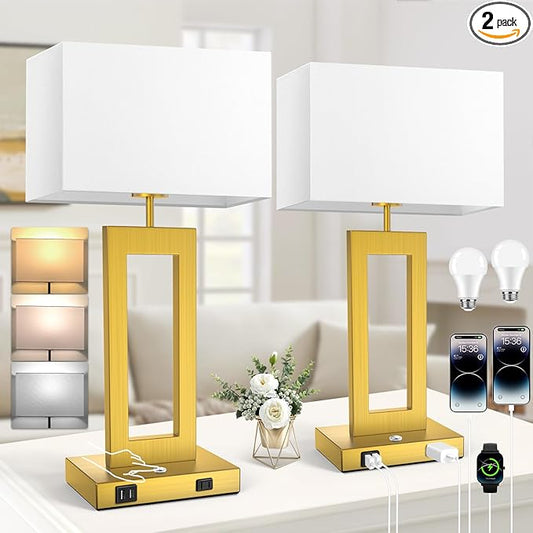 22’’ Touch Control Table Lamps Set of 2, 3 Color Temperatures Bedroom Bedside Lamps, Modern Gold Dimmable Lamps with USB Ports & AC Outlet, Tall Living Room Lamps for Nightstand End Table, 2 Bulbs