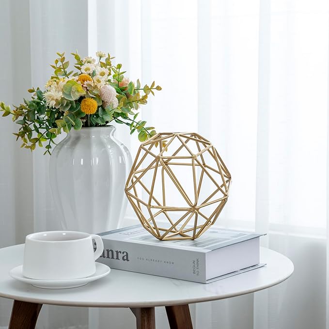 MyGift 3D Art Geometric Abstract Sculpture, Gold Tone Metal Wire Orb Decorative Ball, 6.4 Inch Home Decor Accents