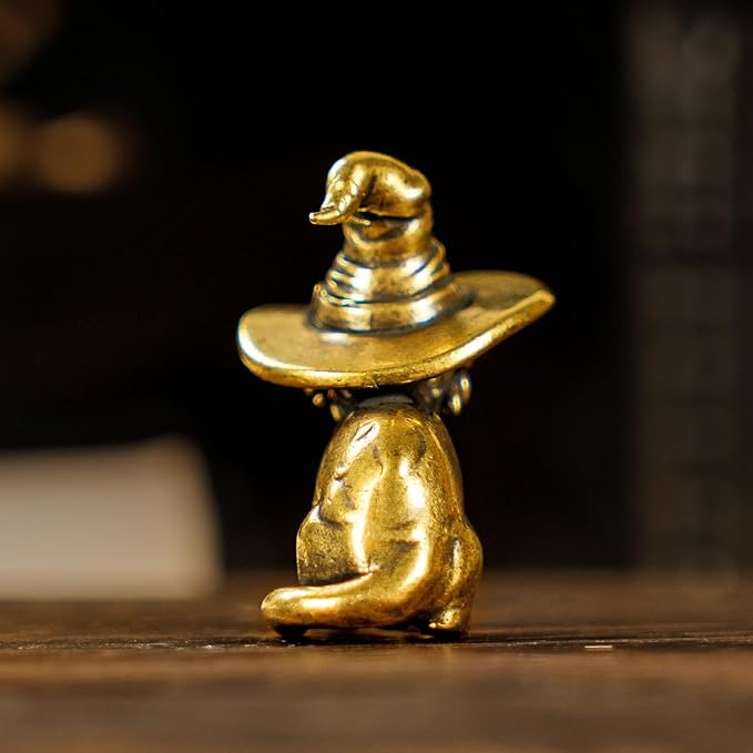 CHOVY Retro Handcrafted Witch Cat Ornament - 100% Solid Brass Desk Decor | Enchanting Feline Sculpture with Wizard Hat Unique Gift for Cat Lovers & Magic Enthusiasts