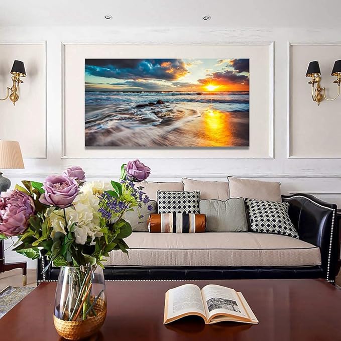 Yxbhhym-Large Ocean Wall Art for Living Room Canvas Beach Painting Sunrise Print Art Sunset Seascape Wall Pictures Yellow Sea Waves Poster Decoration Office Kitchen Wall Dรฉcor Bedroom Accessories
