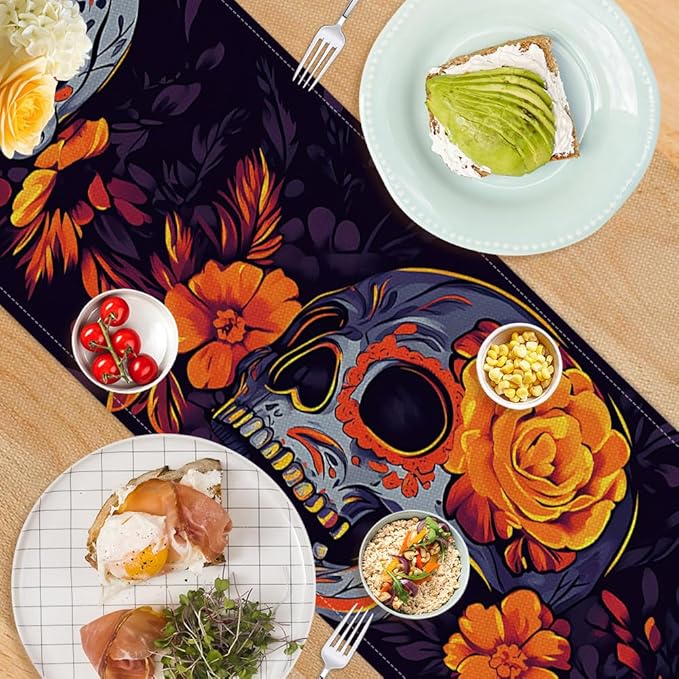 ANNA QUEEN Skull Flower Halloween Table Runner 13 x 72 Inch for Dining Table, Table Runner for Fall Dining Decor Indoor Outdoor Party Home Table Halloween Decoration