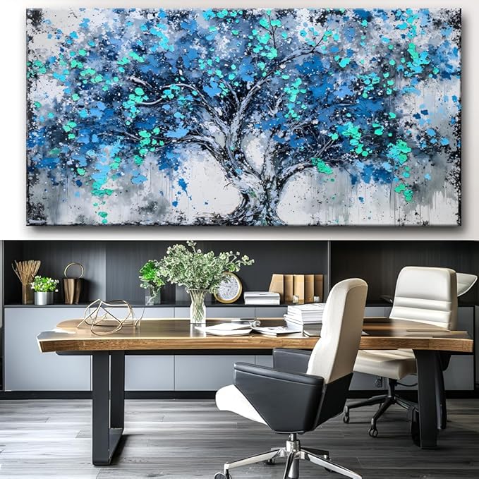 Tree Wall Art Teal Blue Nature Tree of Life Abstract Canvas Painting Textured Picture, Modern Landscape Artwork Framed for Living Room Bedroom Bathroom Office Home Decor 58x28in