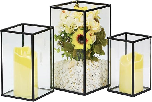 Hurricane Candle Holder 3 PCS, Black Glass Candle Holder Square Hurricane Candle Centerpieces for Tables Decorative, Wedding, Party