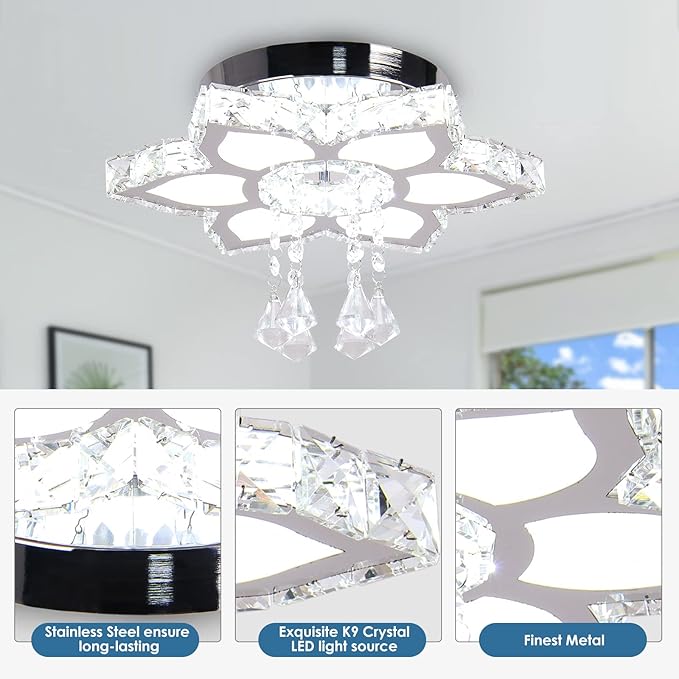 FRIXCHUR Crystal Chandelier Modern LED Flower Shape Chandeliers Ceiling Light Fixture Flush Mount Ceiling Lamp for Bedroom Living Room Dining Room Foyer(Cool White),13.4"