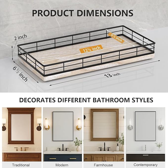 Toilet Paper Basket Organizer – Ash Wood Toilet Tank Tray with Metal Frame, Back of Tank or Top Bathroom Counter Storage – Black & Whitewashed Modern Decor