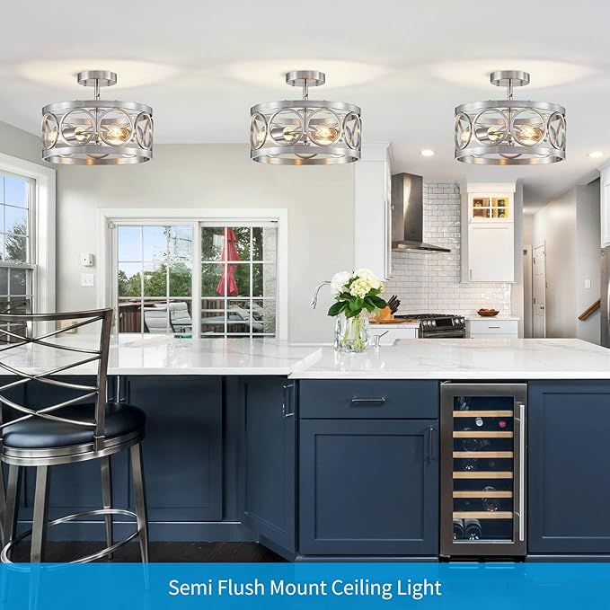 XINGQI Brushed Nickel 3-Light Rustic Ceiling Light Modern Adjustable Height Pendant Lighting Fixture Antique Drum Lamp for Living Room Bedroom Entryway Corridors 13”