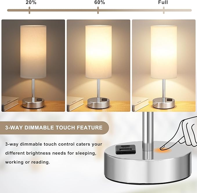 Bedside Table Lamps for Bedroom Set of 2 - Touch Lamp for Nightstand with USB-A+C Charging Ports - 3 Way Dimmable Small Desk Lamp White for Office, Dorm Room, Living Room, Reading, Nursery