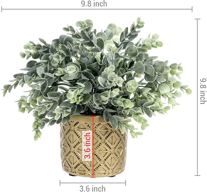 MyGift Artificial Eucalyptus Plant in Modern Gray Concrete Pots with Geometric Embossed Pattern (1, Gold)