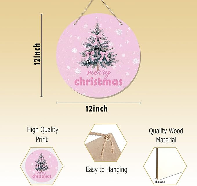CGBHW Pink Christmas Wooden Sign, Coquette Aesthetic Christmas Tree Xmas Bows Hanging Sign Wall Decor for Girls Room Home, Winter Holiday Snowflake Door Decor 12 x 6 Inch