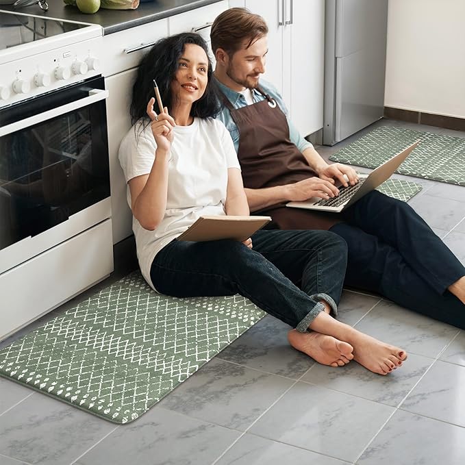 KIMODE Anti Fatigue Kitchen Mats for Floor, Boho Kitchen Rugs Sets of 2, Cushioned Kitchen Floor Mats, Comfort Standing Mat for Sink Laundry Office Desk Green 17"x59"+17"x29"