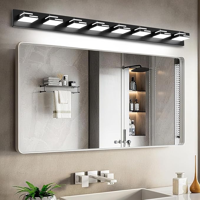 LED Modern Bathroom Vanity Light Fixtures, 8-Light 55-inch Dimmable Matte Black Vanity Lights for Bathroom Lighting Fixtures Over Mirror, with 350° Rotatable Acrylic Heads (Cool White 6000K)