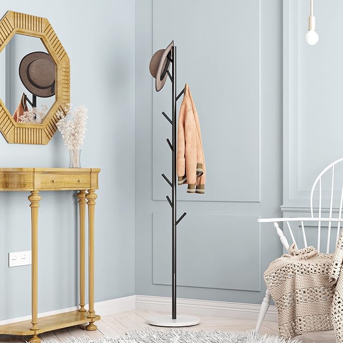 Black Metal Coat Rack, Freestanding with Hooks, Entryway Coat Rack Stand, Coat Racks with Marble Base, Coat Tree for Hanging Clothes, Hats, Bags