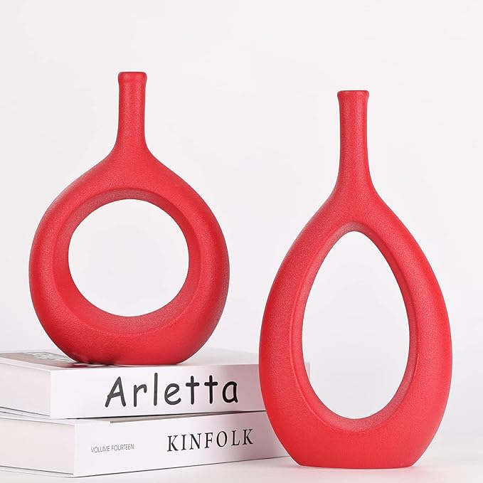 Red Ceramic Hollow Elliptical Vase Set of 2 - Boho Circle Vase with Hole, for Modern Red Table Decor, Living Room Decor Shelf mid Century Modern Home Entrance Decorative vase