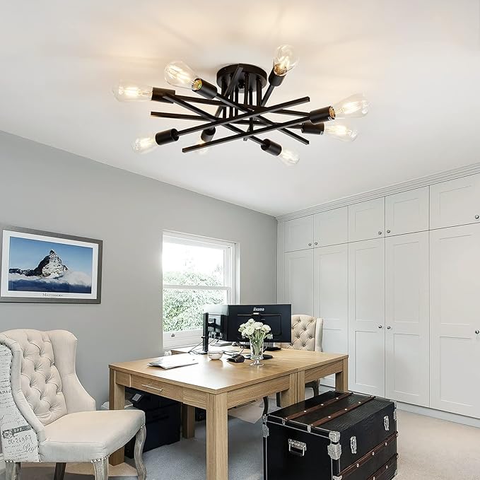 ASGYISA 8-Lights Semi Flush Mount Ceiling Light Fixture,Modern Black Vintage Metal Sputnik Chandelier, Ceiling Lamp for Bedroom Kitchen Dining Room Living Room with E26 Bulb Base