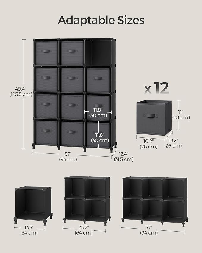 SONGMICS Cube Storage Organizer with Storage Boxes, Set of 12-Cube Organizer, 12 Collapsible Non-Woven Fabric Bins, Customizable, Space-Saving, Bedroom, Ink Black and Dove Gray ULPC122B01