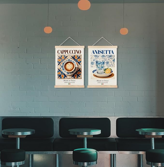 Yomisex Italy Cappuccino Anisetta Wall Art Poster, Traditional Italian Drinks on Maiolica Tiles Canvas Prints Wall Art Framed for Kitchen Coffee and Wine Bar Decor, 12x16 Inch Set of 2