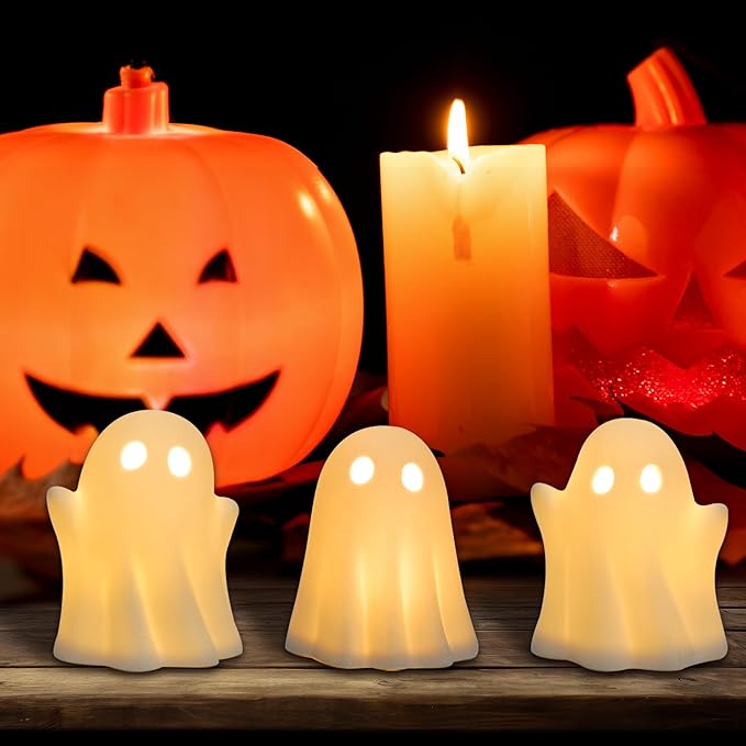 NEROSUN 3 Pack Cute Ghost Light Up Halloween Decor, LED White Ceramic Spooky Flameless Lanterns Decorative Light Fall Halloween Party Decoration for Home Bedroom Room Table Shelf