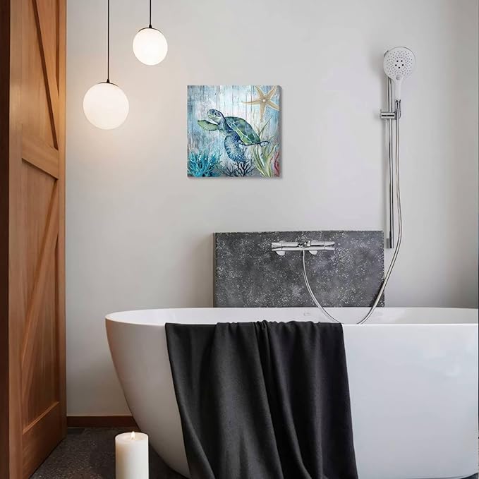 14x14 Inch Sea Turtle Bathroom Wall Decor Modern Canvas Ocean Theme Art Blue & Green Coastal Wall Pictures for Bedroom/Home/Office/Kitchen Waterproof Ultraviolet Resistant Framed Canvas