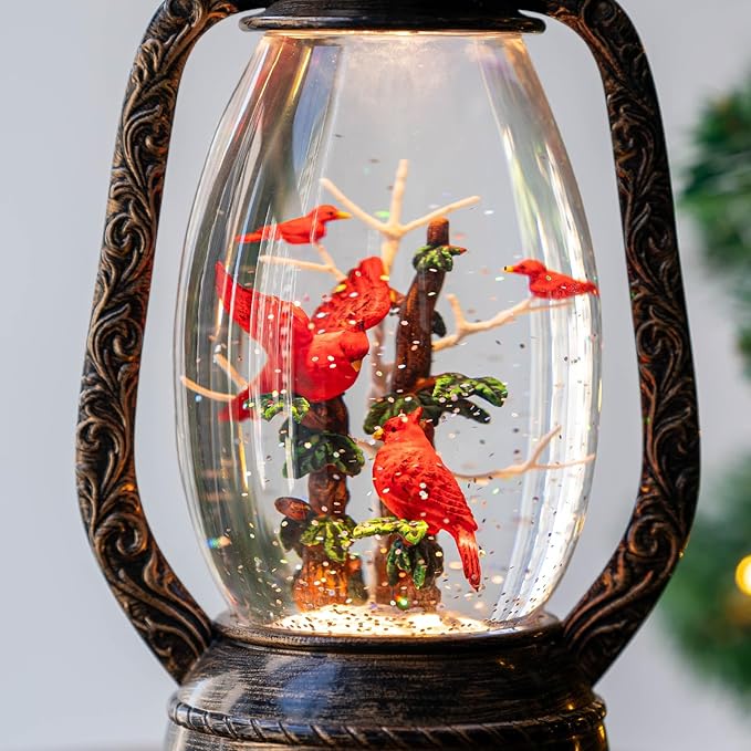 12'' Lighted Cardinals Snow Globe Lantern, Music Water Lantern with Swirling Glitter Decoration for Christmas Home, Living Room, Battery Operated or USB Powered