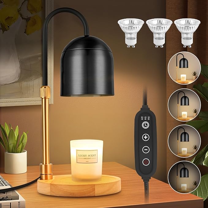 Candle Warmer Lamp with Timer & Dimmer, Adjustable Height Electric Candle Warmer with 3 Bulbs,Compatible Scented Candles, Wax Melt Warmer for Bedroom,Home Decor House Warming Gifts