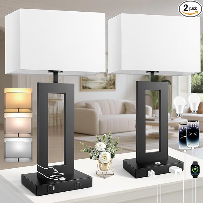 27.2ββ Tall Black Table Lamps for Living Room Bedroom, Bedside Touch Control Lamps with 2 USB Ports&AC Outlet, 3 Way Dimmable&Stepless Dimming Desk Lamp Sets for Home Office, Pre-assembled White Shade