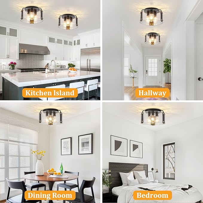 TOULMJ 15'' Semi Flush Mount Ceiling Light, Black Morden Hallway Light Fixture 3-Light Ceiling Light Fixture with Seeded Glass Shade for Dining Room Hallway Entryway Bedroom Laundry Room