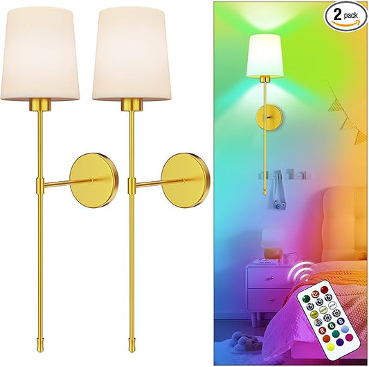 10000mAh Battery Operated Wall Sconces Set of Two, 28 Inches Long Wireless Sconces Set of 2 Wall Light with RGB Rechargeable Magnetic Bulb, Sconces Wall Decor Set of 2 for Bedroom Living Room, Gold