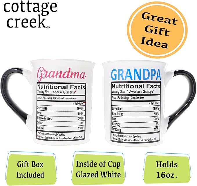 Cottage Creek Mugs - Set of Two 16oz. Large Ceramic Grandma Grandpa Coffee Cups - Ideal Stoneware Mugs for Kitchen, Office & Home Decor - Gifts for Grandparents, Women and Men, Parents