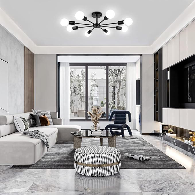 23.62'' Semi Flush Mount Ceiling Light, 8-Lights Modern Chandelier Black Living Room Light, Sputnik Light Fixtures Chandelier for Bedroom Kitchen Study Office