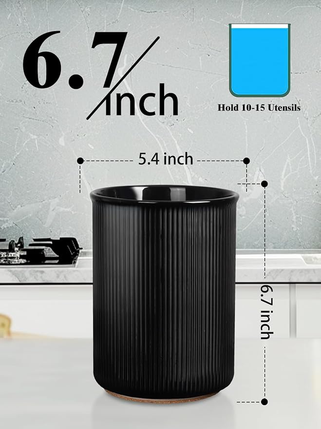 LoeJan Utensil Holder, Extra Large Utensil Crock, Stable Ceramic Utensil Organizer, Cooking Tool Organizer Set for Kitchen Counter Farmhouse Decor (F-6.7" Black)