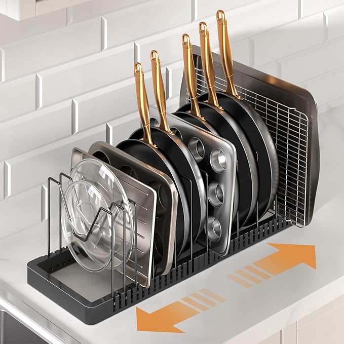 Pots and Pans Organizer under Cabinet, Expandable Pot Lid Organizer Holder with 12 Adjustable Compartment, Pan Organizers inside Cabinet for Lids, Bakeware, Kitchen Storage Pot Rack, Black