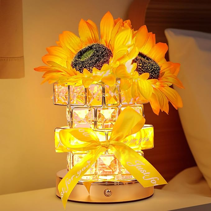 Sunflower Flower Table Lamp Gifts: Mothers Day Birthday Gifts for Women Mom Grandma Sister, Rechargeable Battery Powered Cordless Touch Small Crystal Night Light, Kitchen Bedroom Office Decor