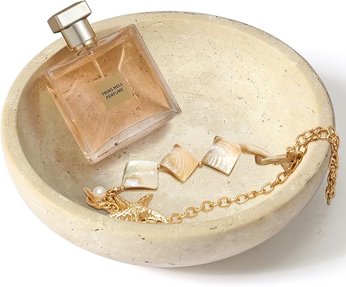 Travertine Decorative Bowl Serving Tray, 7.8" Natural Stone Centerpiece for Dining Table, Round Ottoman Decor, Housewarming Gifts Key Bowl for Entryway Table New Home Apartment Must Haves Essentials