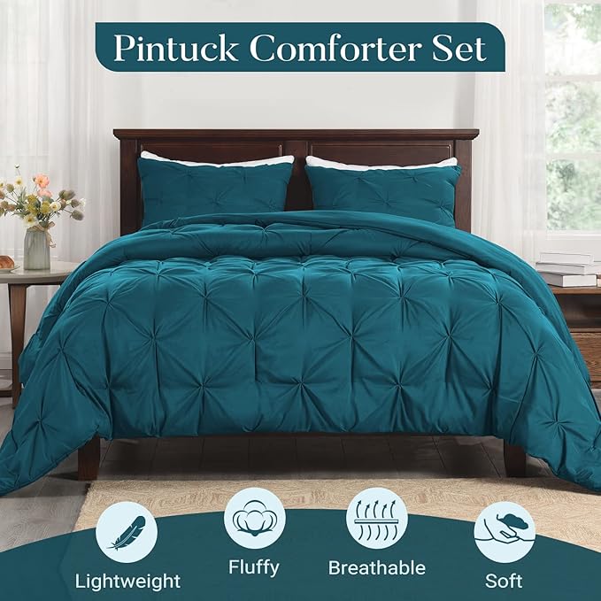 Basic Beyond King Comforter Set - King Comforter Set with Pinch-Pleat & Pintuck Design, 2 Pillow Shams, Teal