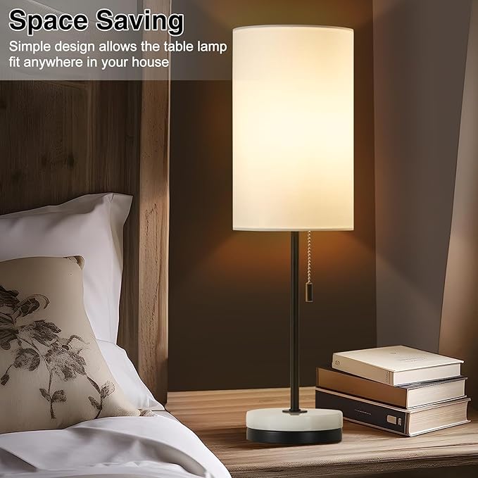 Luvkczc Minimalist Table Lamp Set of 2, Nightstand Lamp for Bedroom Living Room, Modern Pull Chain Bedside Lamp with Marble Base, Fabric Shade, Small Desk Lamp for Home, Office, Reading