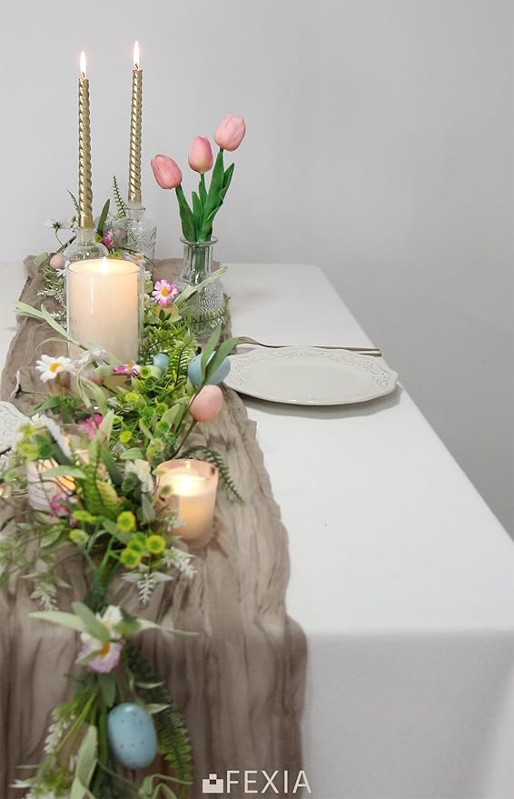 FEXIA 6 Pack Nude Table Runner 35x120 Inches for Gauze Table Runner for Bridal Shower Wedding Party First Communion Centerpiece Engagement Boho Table Decoration