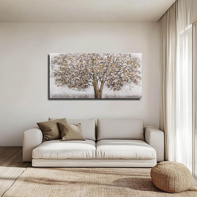 CHUDANHAO Grey Art Posters Big Tree Wall Decor Pictures for Office Gold and White Wall Art Botanical Painting for Living Room Kitchen 24x48 Inch