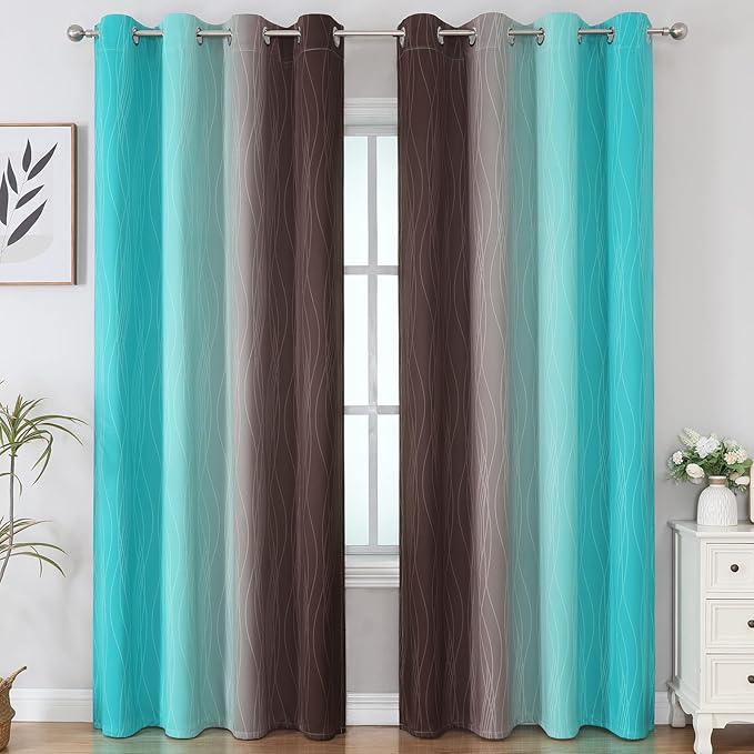 Estelar Textiler Full Room Darkening Gradient Blackout Curtains 96 Inch Length 2 Panels Set, Ombre Teal and Brown Thermal Insulated Full Light Blocking Grommet Blackout Drapes for Bedroom, 52Wx96L
