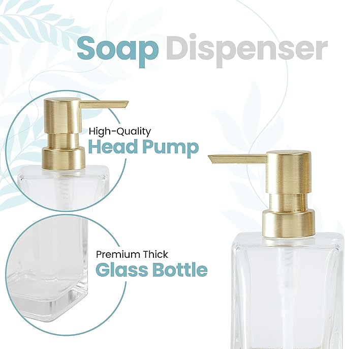 Square Glass Clear Lotion and Soap Pump Dispenser Set with Metal Stand Caddy for Bathroom Bath Kitchen Home Office Travel Hotel Hand Crafted Heavy Weight Brushed Gold