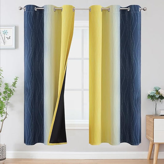 Estelar Textiler Navy Blue and Yellow Ombre Blackout Curtains for Living Room, Full Room Darkening Grommet Curtains for Bedroom, Thermal Insulated Light Blocking Gradient Drapes, 42Wx72L, 2 Panels
