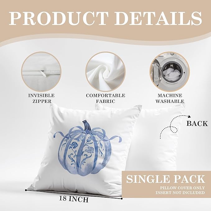 Blue Chinoiserie Pumpkin Fall Pillow Covers 18x18, Preppy Fall Decor, Grandmillennial Blue and White Floral Pumpkin Autumn Decorative Throw Pillow Covers for Girls Room Home Bedroom Living Room