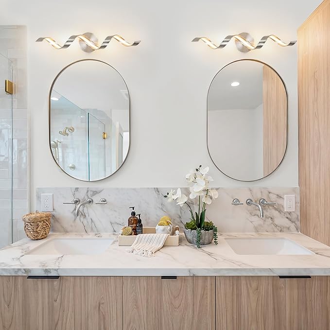 Dimmable Modern LED Bathroom Vanity Light, 24 inch Spiral Design Brushed Nickel Bathroom Light Fixtures Over Mirror, Bath Wall Sconces Lighting for Living Room Bedroom 3000K