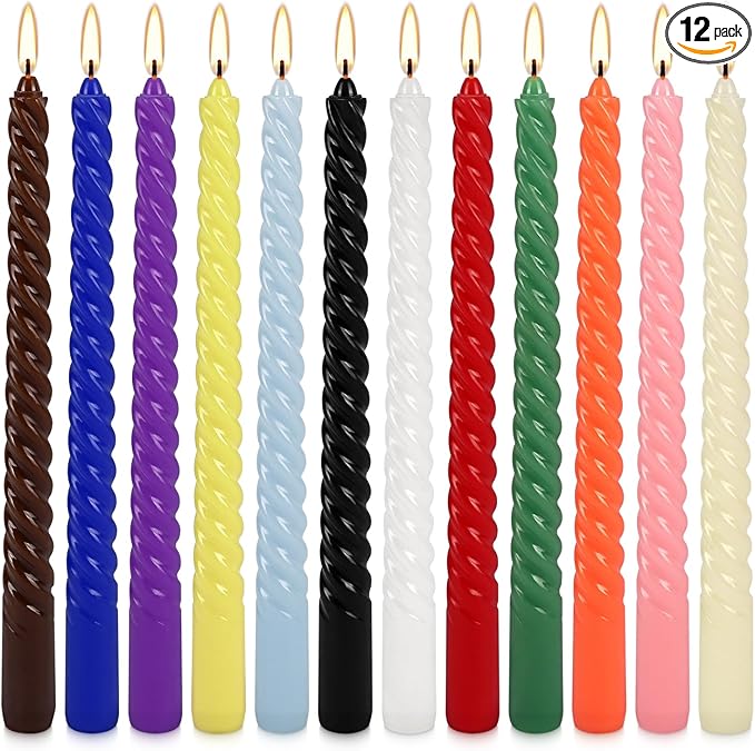 12-Pack 12-Color Spiral Taper Candles - 10 Inch Dripless & Long-Lasting Burn, Decorative Twisted Candles for Wedding, Birthday, Christmas, Home Decor, Party Supplies (Premium Wax, Unscented)