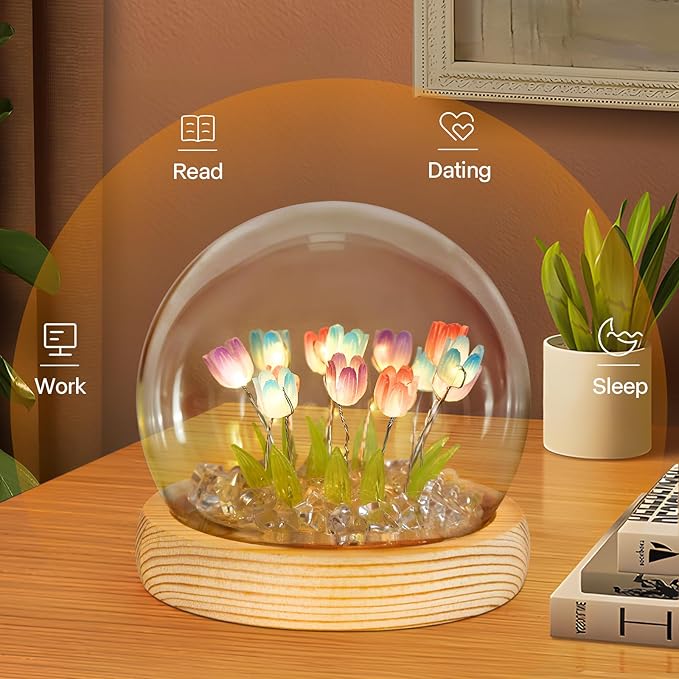 ONXE Birthday Flower Gifts for Mom,Tulips Night Light Small Glass Flower Lamp with Wooden Base for Home Decor Romantic Unique Christmas Gift for Women Girlfriend Sister Grandma Wife Her