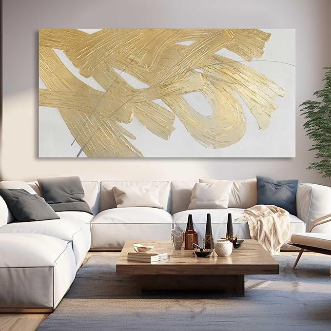XIANSHOU Wall Decorations for Living Room Gold and White Abstract Canvas Art Oil Painting Large Minimalist Decor Wall Art for Office Bedroom Home 29"x 58"