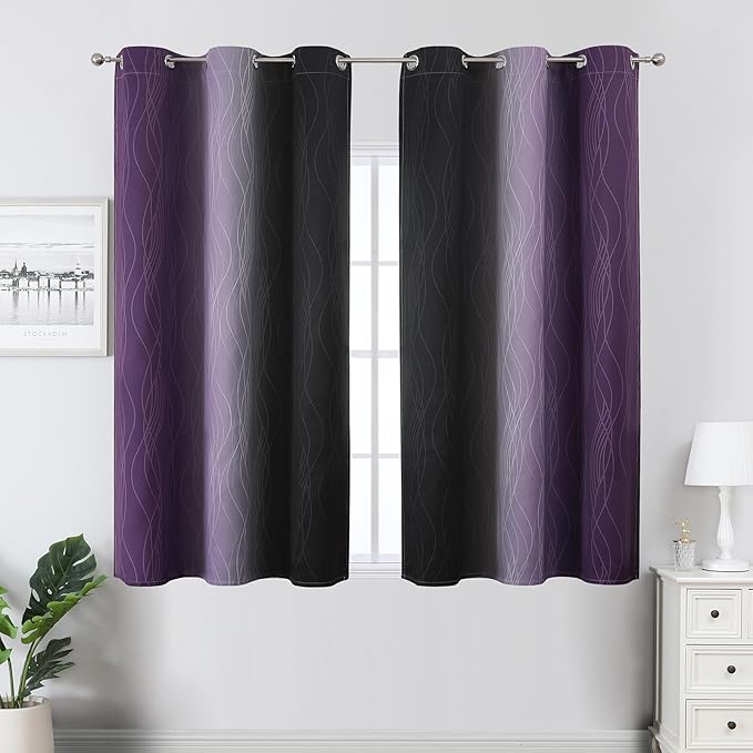 Estelar Textiler Purple and Black Ombre Blackout Curtains 45 Inch Length, Full Room Darkening Gradient Drapes for Kitchen, Thermal Insulated Grommet Curtains for Short Window, 42Wx45L,2 Panels
