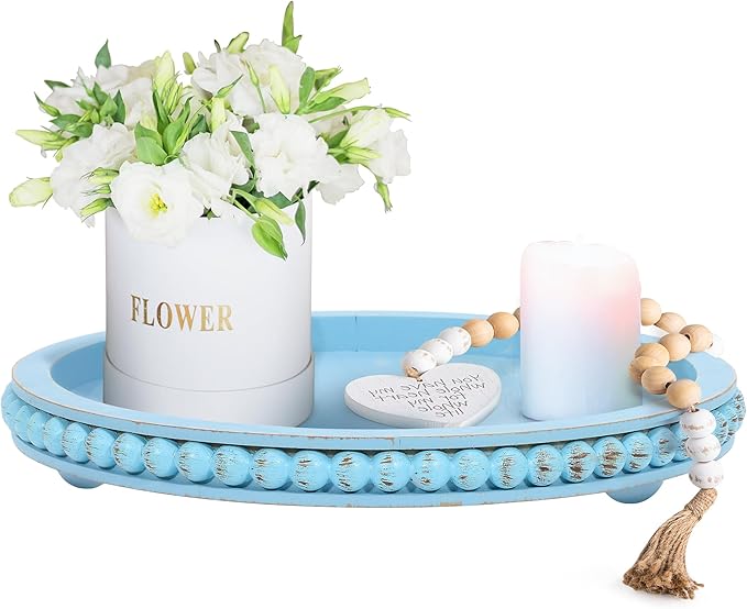 HPC Decor 12in Round Blue Wood Beaded Tray - Decorative Living Room, Coffee Table, Kitchen Table, Dining Room or Farmhouse Serving Tray