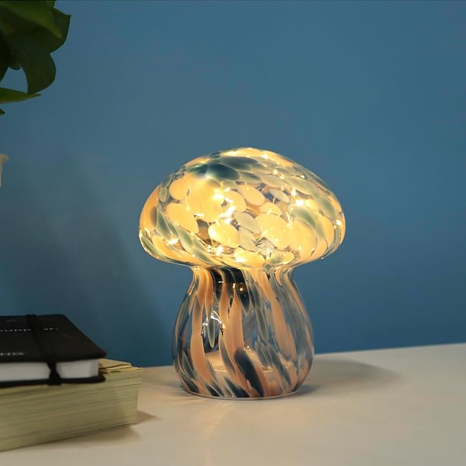 Small Glass Mushroom Table Lamp Night Light Bedside Desk Lamp for Bedroom Nightstand Light -Blue